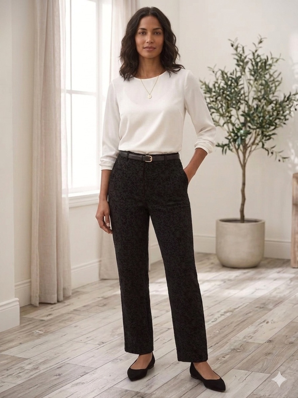 Peck & Peck Black Embellished velvet Jacquard Straight-Leg Pants